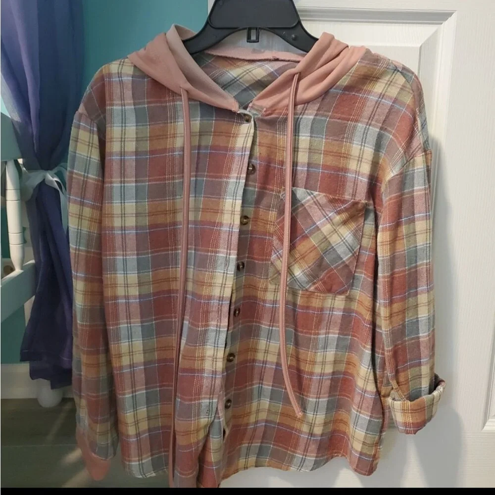 Classic Plaid Checkered Hoodie Button Down Up Shirt Top - Picture 4 of 7